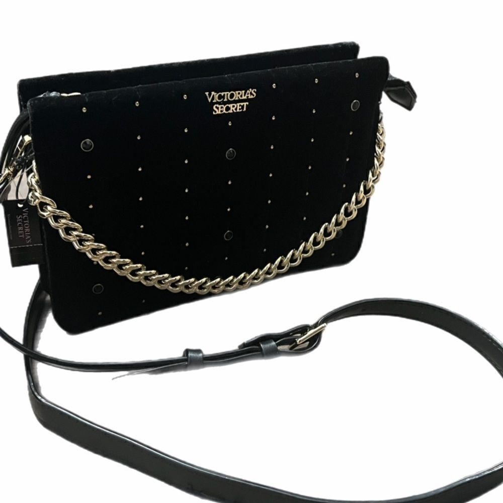 Victoria’s Secret Pebbled Velvet Studded 24/7 Crossbody Purse Bag Black